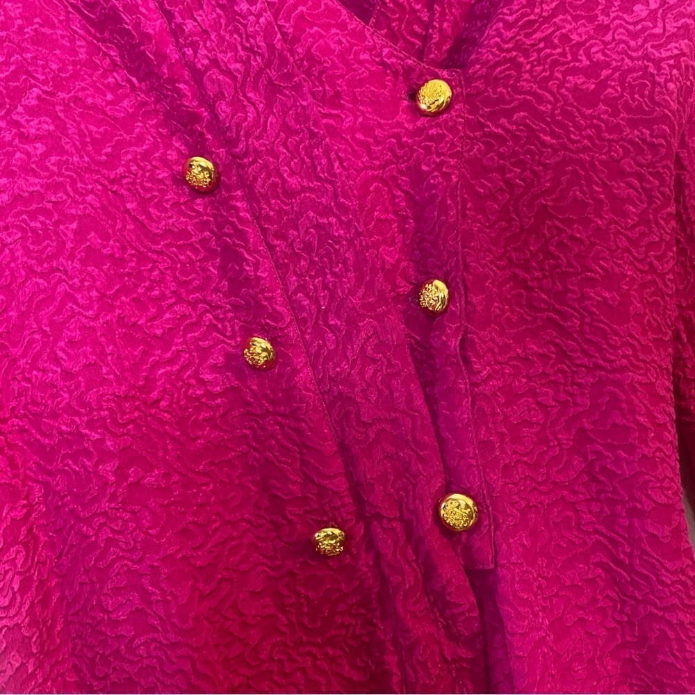 Vintage Silk Hot Pink Button-Up Statement Shoulder Barbiecore Long Sleeve Blouse - Picture 12 of 14
